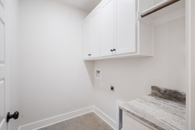 laundry area with hookup for an electric dryer, cabinets, light carpet, and hookup for a washing machine