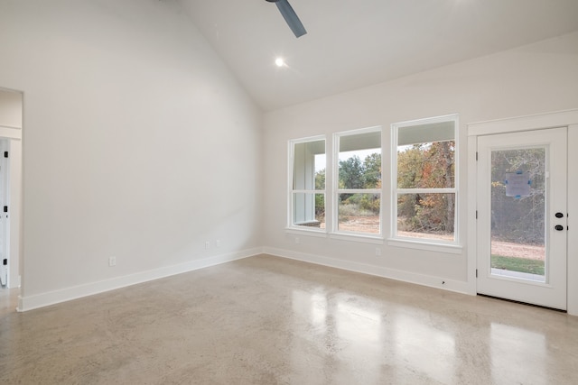 unfurnished room featuring ceiling fan and high vaulted ceiling