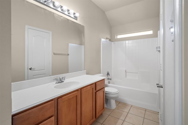 full bathroom featuring vanity, shower / bathing tub combination, tile patterned flooring, toilet, and lofted ceiling