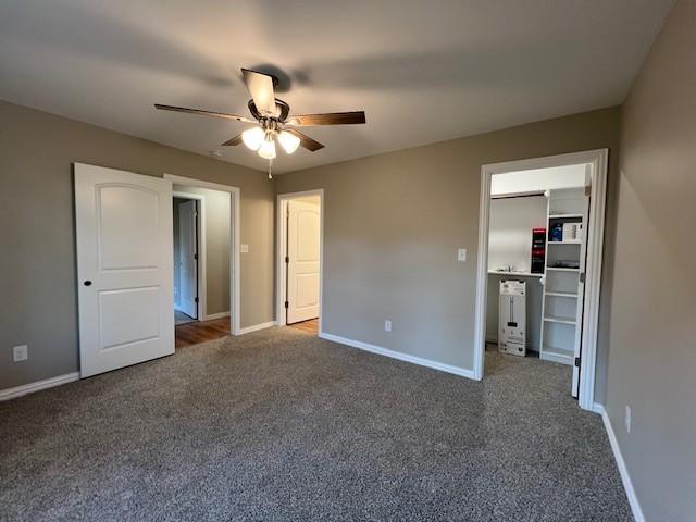 unfurnished bedroom with dark colored carpet, a walk in closet, a closet, and ceiling fan