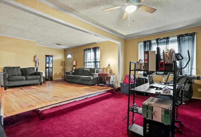 interior space with ceiling fan, crown molding, carpet floors, and a textured ceiling