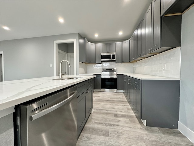 kitchen with sink, stainless steel appliances, light hardwood / wood-style floors, gray cabinets, and decorative backsplash