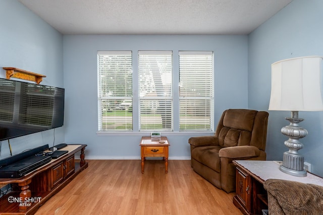 living area featuring light wood-type flooring, a textured ceiling, and baseboards