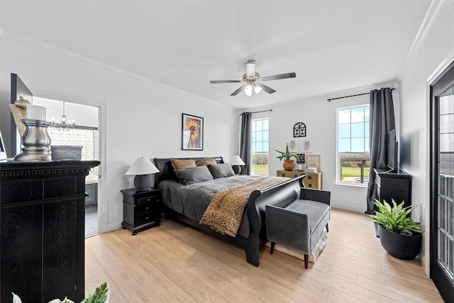 bedroom with ceiling fan with notable chandelier, crown molding, and light hardwood / wood-style flooring