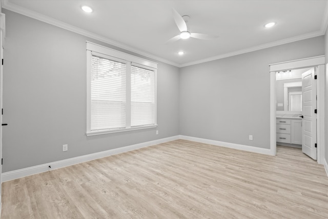 unfurnished bedroom with ceiling fan, ensuite bath, crown molding, and light hardwood / wood-style flooring