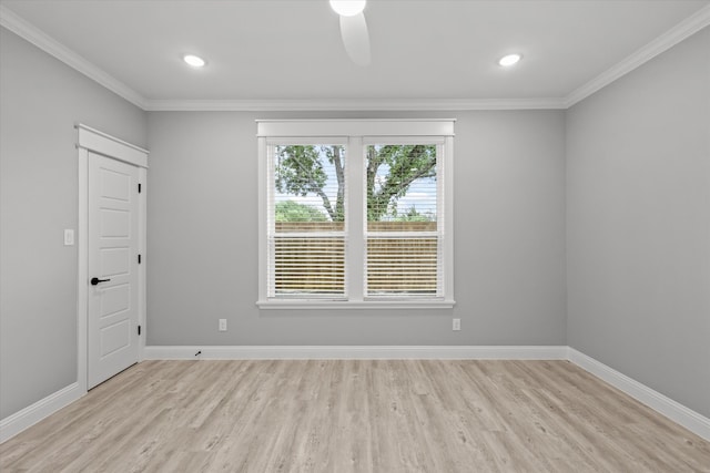 unfurnished room featuring ceiling fan, ornamental molding, and light wood-type flooring