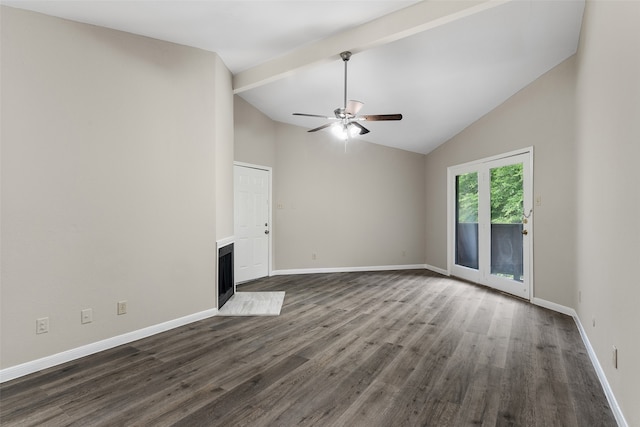 unfurnished living room featuring beamed ceiling, dark hardwood / wood-style floors, ceiling fan, and high vaulted ceiling