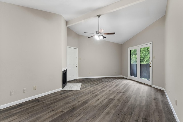 unfurnished living room featuring beamed ceiling, ceiling fan, dark hardwood / wood-style flooring, and high vaulted ceiling