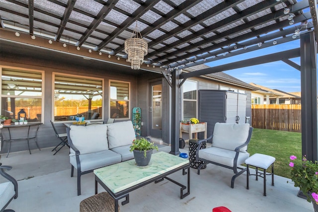 view of patio with an outdoor hangout area and a pergola