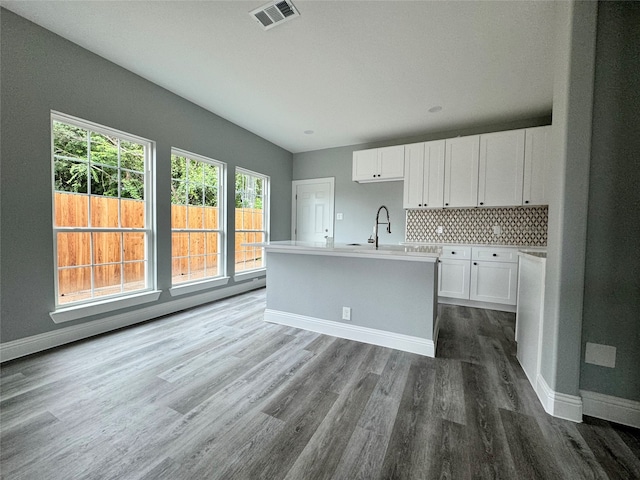 kitchen featuring white cabinetry, sink, tasteful backsplash, hardwood / wood-style floors, and an island with sink