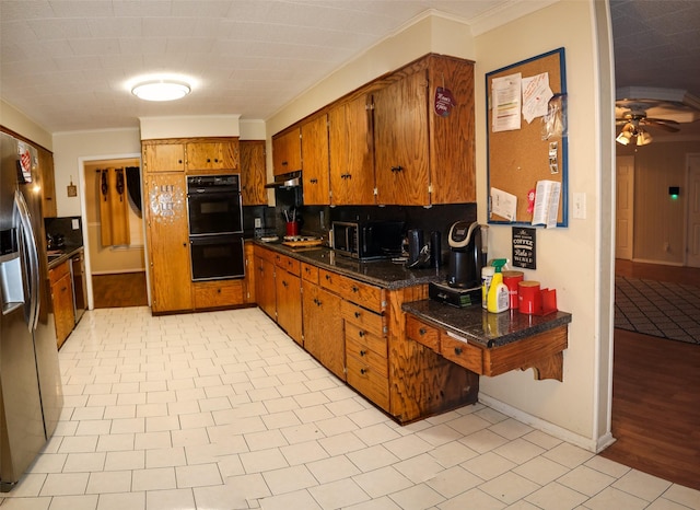 kitchen with backsplash, crown molding, light hardwood / wood-style flooring, ceiling fan, and stainless steel appliances