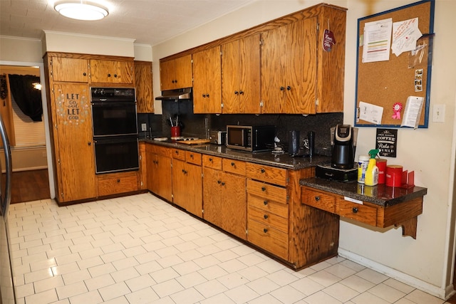 kitchen featuring backsplash, crown molding, light tile patterned floors, double oven, and cooktop