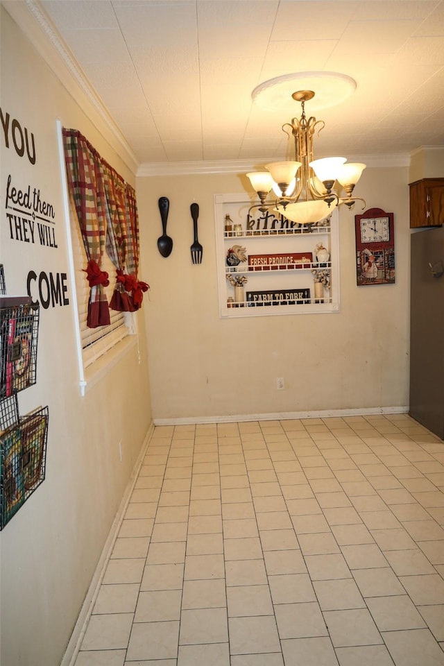 hallway featuring crown molding, tile patterned floors, and a chandelier