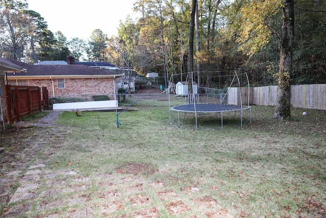 view of yard with a trampoline and a storage unit