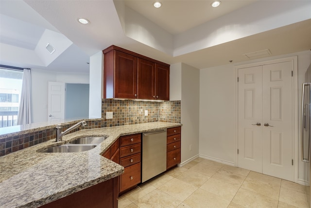 kitchen with dishwasher, backsplash, sink, light stone countertops, and light tile patterned floors