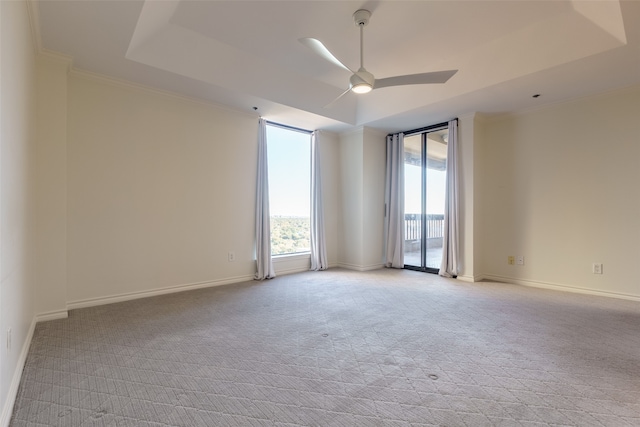 carpeted spare room with ceiling fan, a raised ceiling, and crown molding