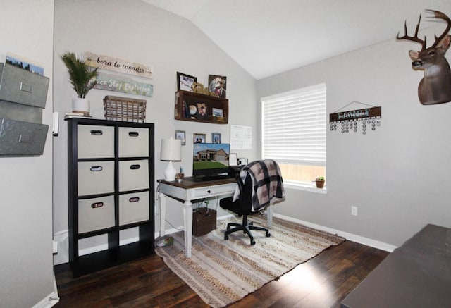 office space with dark hardwood / wood-style floors and lofted ceiling