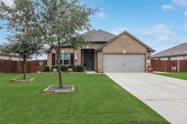 single story home featuring a garage and a front yard