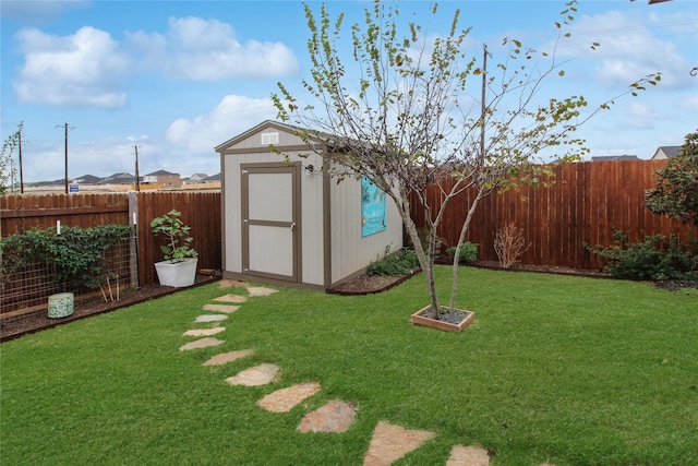 view of yard featuring a storage shed