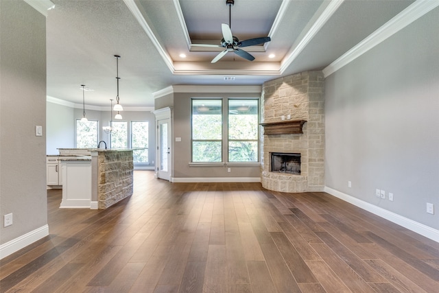 unfurnished living room with dark wood-type flooring, ornamental molding, a stone fireplace, and a raised ceiling