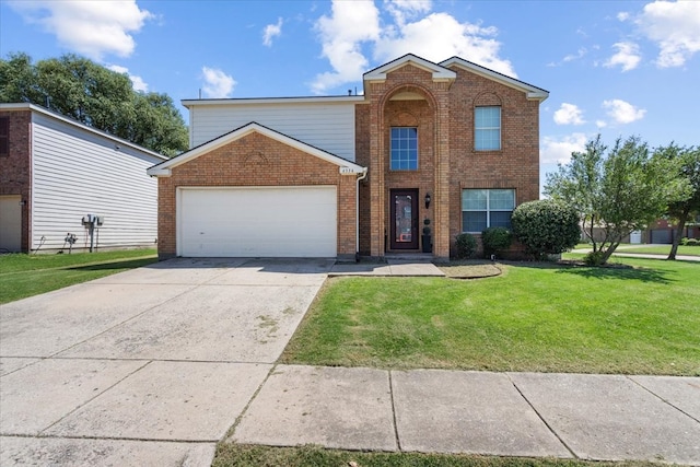 view of property with a front lawn and a garage