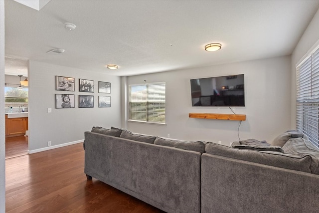 living room featuring sink and dark hardwood / wood-style floors