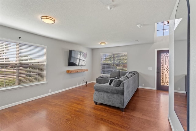 living room with hardwood / wood-style floors, a textured ceiling, and a wealth of natural light