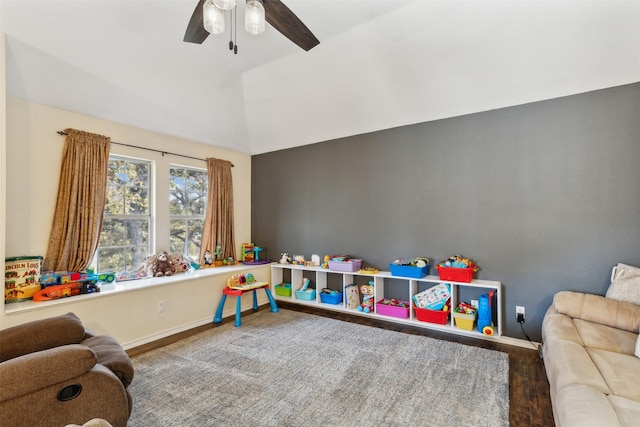 rec room featuring ceiling fan and wood-type flooring