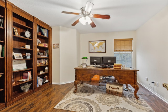 office with ceiling fan and dark hardwood / wood-style floors