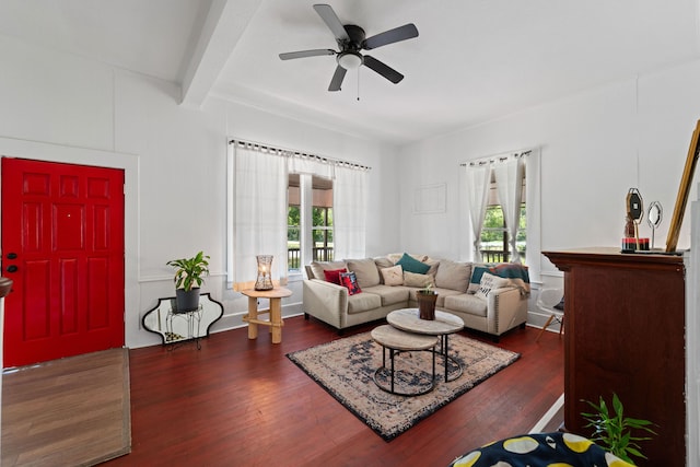 living room featuring dark hardwood / wood-style floors, beam ceiling, and ceiling fan