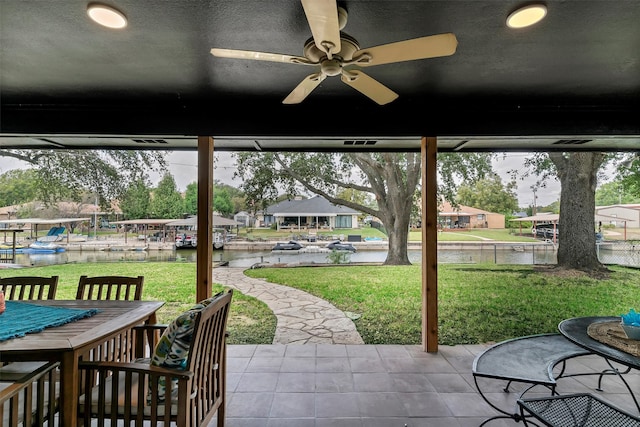 view of patio featuring ceiling fan and a water view