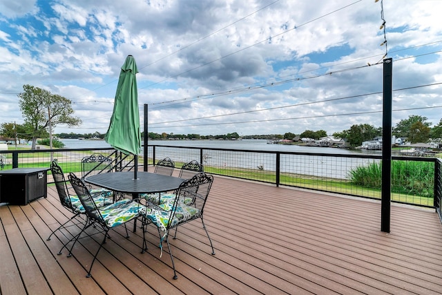 deck featuring a water view