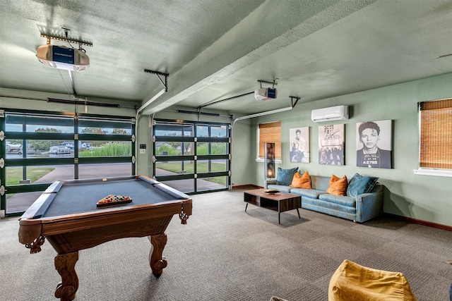 rec room with carpet floors, a textured ceiling, pool table, and a wall mounted AC