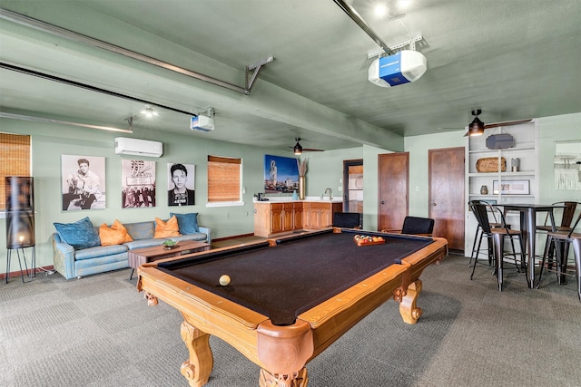 recreation room with carpet flooring, a wall unit AC, and pool table