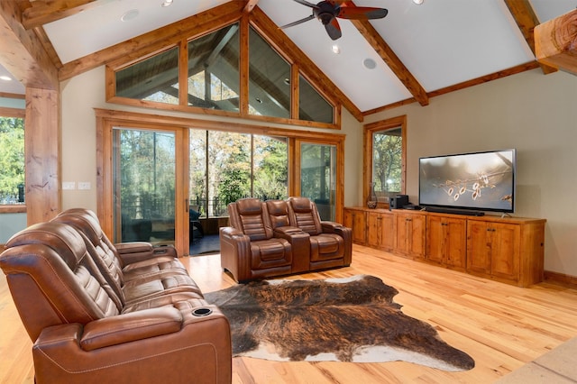 living room with beam ceiling, ceiling fan, high vaulted ceiling, and light hardwood / wood-style floors