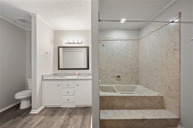 full bathroom with bathing tub / shower combination, crown molding, hardwood / wood-style flooring, toilet, and a textured ceiling