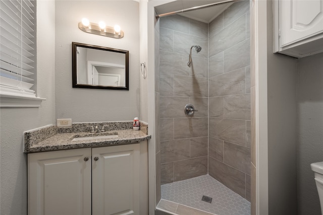 bathroom with a tile shower, vanity, and toilet