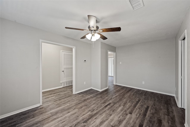 unfurnished bedroom with dark hardwood / wood-style floors and ceiling fan