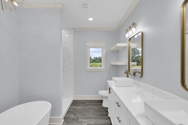 full bathroom with hardwood / wood-style flooring, vanity, toilet, and ornamental molding