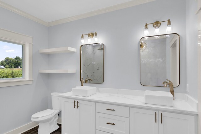 bathroom with wood-type flooring, vanity, toilet, and ornamental molding