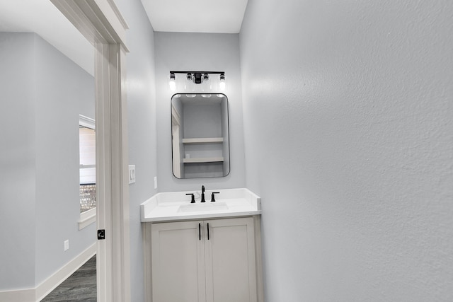 bathroom with wood-type flooring and vanity