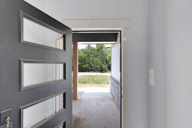 doorway to outside featuring carpet flooring