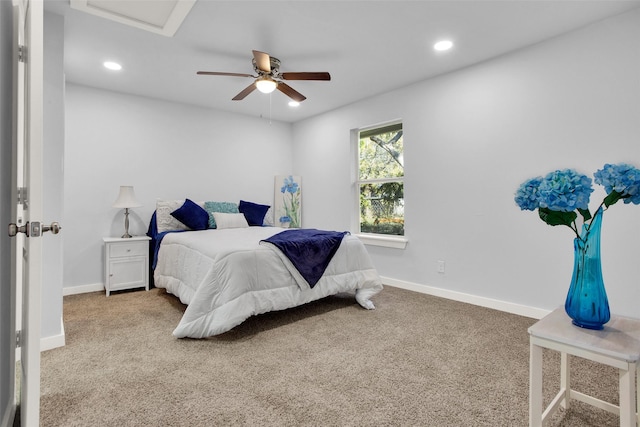 bedroom with carpet floors and ceiling fan