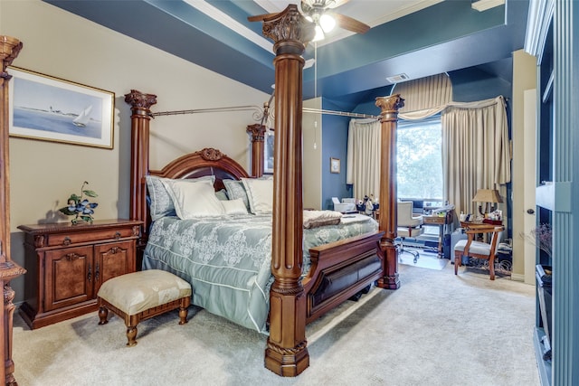 bedroom with ceiling fan, light colored carpet, and ornamental molding