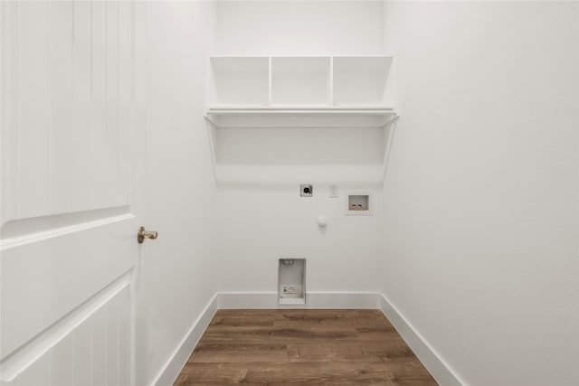 washroom with hookup for an electric dryer, washer hookup, gas dryer hookup, and dark wood-type flooring