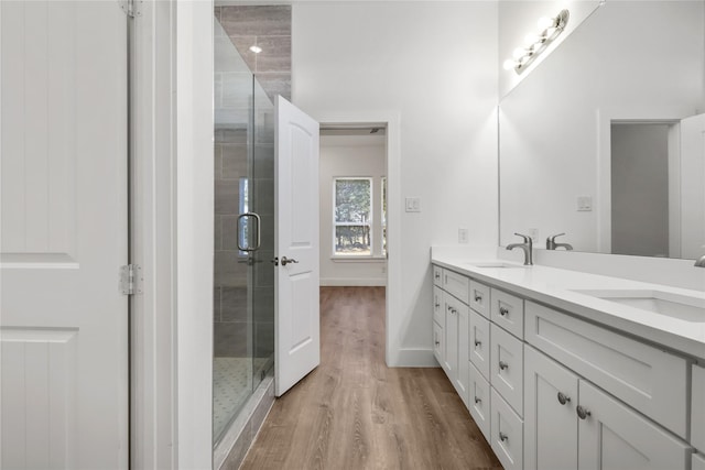 bathroom with vanity, hardwood / wood-style flooring, and walk in shower