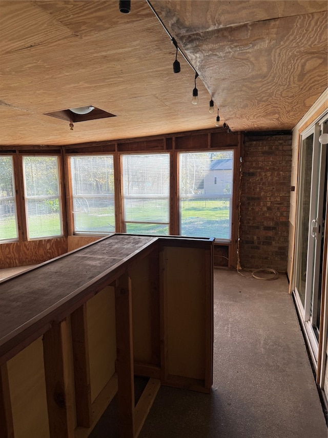 unfurnished sunroom featuring rail lighting