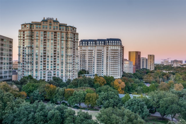 view of outdoor building at dusk