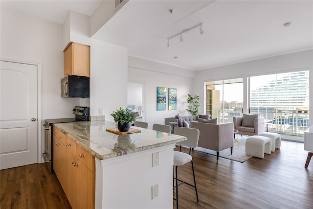 kitchen with rail lighting, dark hardwood / wood-style floors, kitchen peninsula, stainless steel electric range, and a breakfast bar