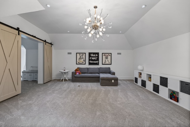 living area featuring lofted ceiling, light carpet, a barn door, and a chandelier